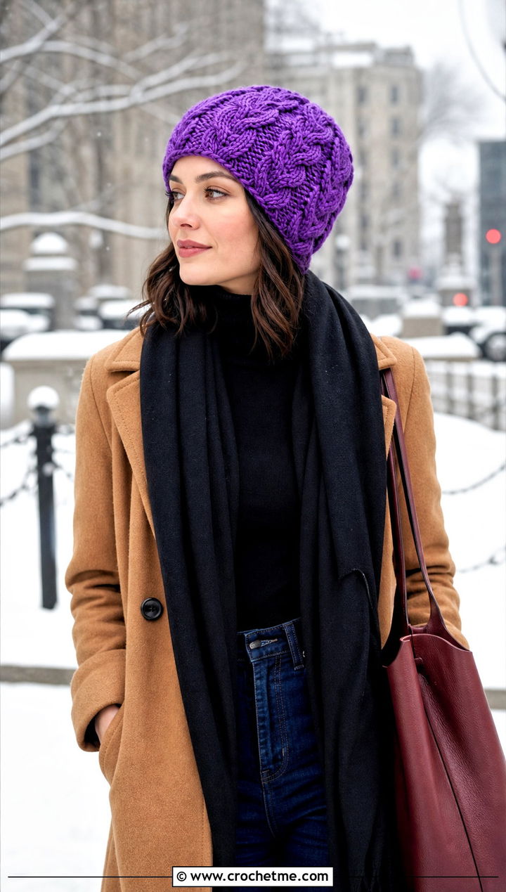 Cable Stitch Crochet Beanie With Wool Coat And Wide Leg Jeans - 15 Textured Crochet Hat outfit ideas