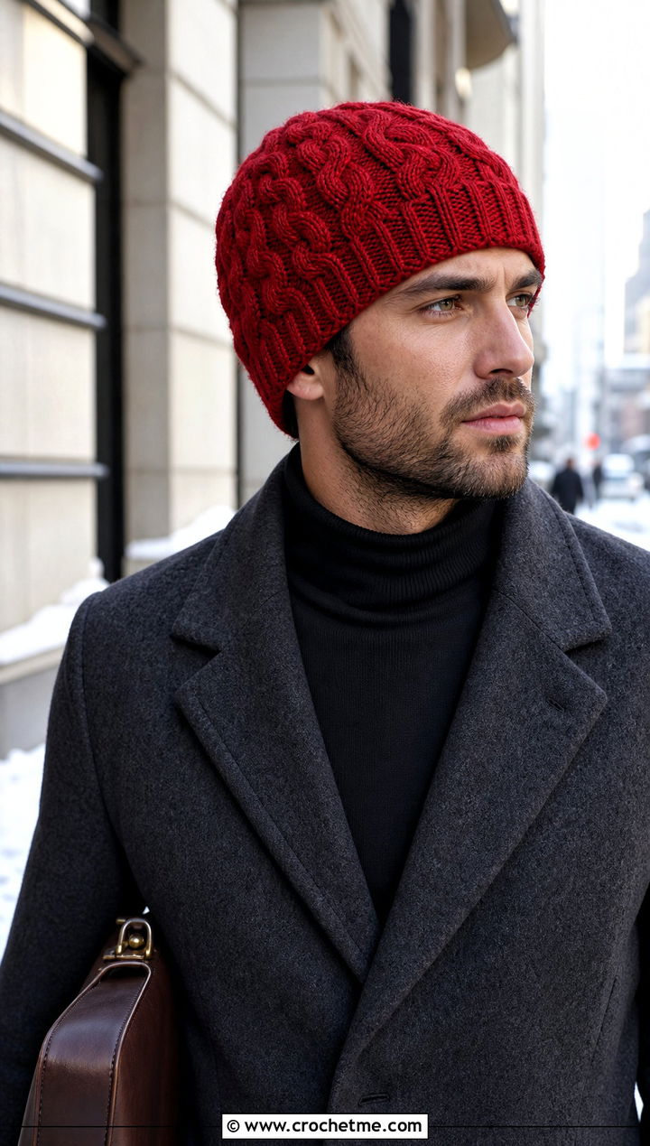 Cable Stitch Crochet Beanie With Wool Overcoat - 25 crochet hat ideas for men