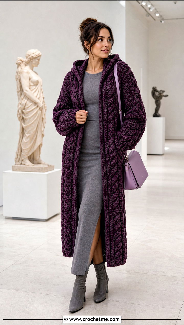 Cable Stitch Crochet Blanket Hoodie With Maxi Dress - 30 crochet blanket hoodie outfit ideas