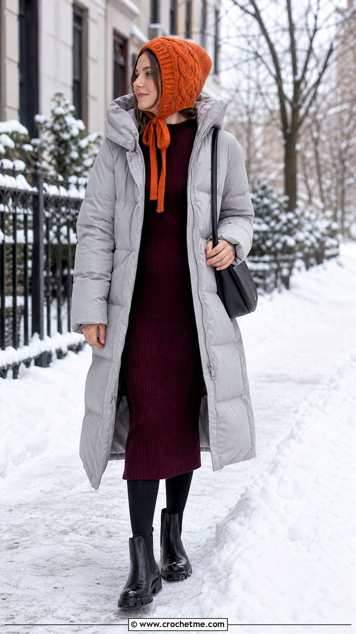 Cable Stitch Crochet Bonnet With Puffer Coat And Knit Dress - 35 crochet cable hat outfit ideas