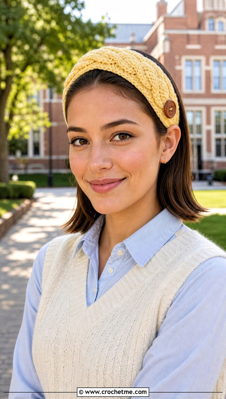 Cable Stitch Crochet Button Headband With Sweater Vest - 15 Crochet Button Headband outfit ideas