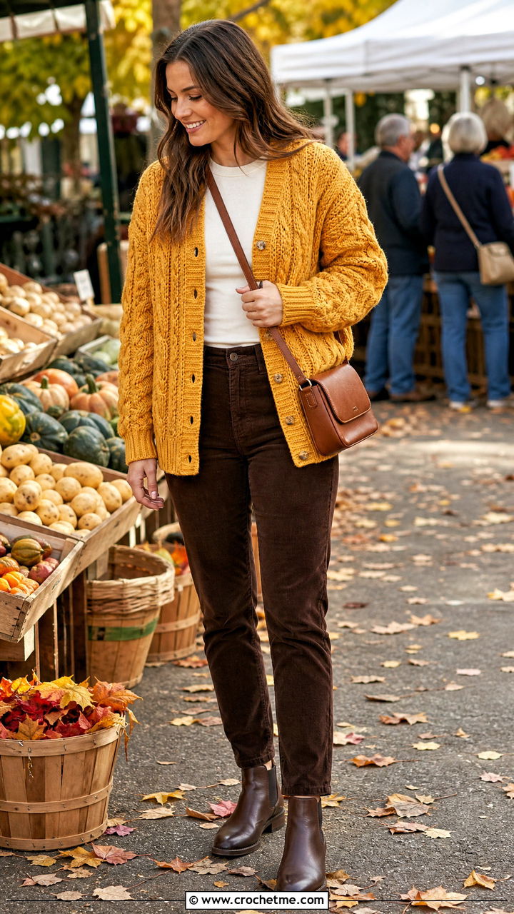 Cable Stitch Crochet Cardigan With Corduroy Pants - 35 crochet cardigan ideas