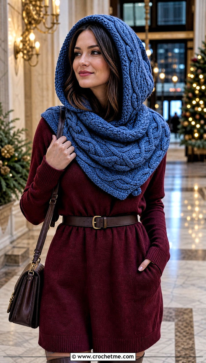 Cable Stitch Crochet Cowl Hood With Sweater Dress - 25 crochet cowl hood outfit ideas
