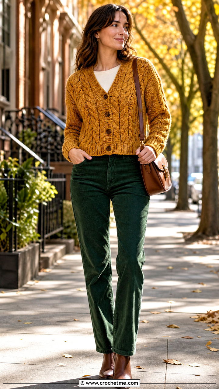 Cable Stitch Crochet Cropped Cardigan With Corduroy Pants - 35 crochet cropped cardigan outfit ideas