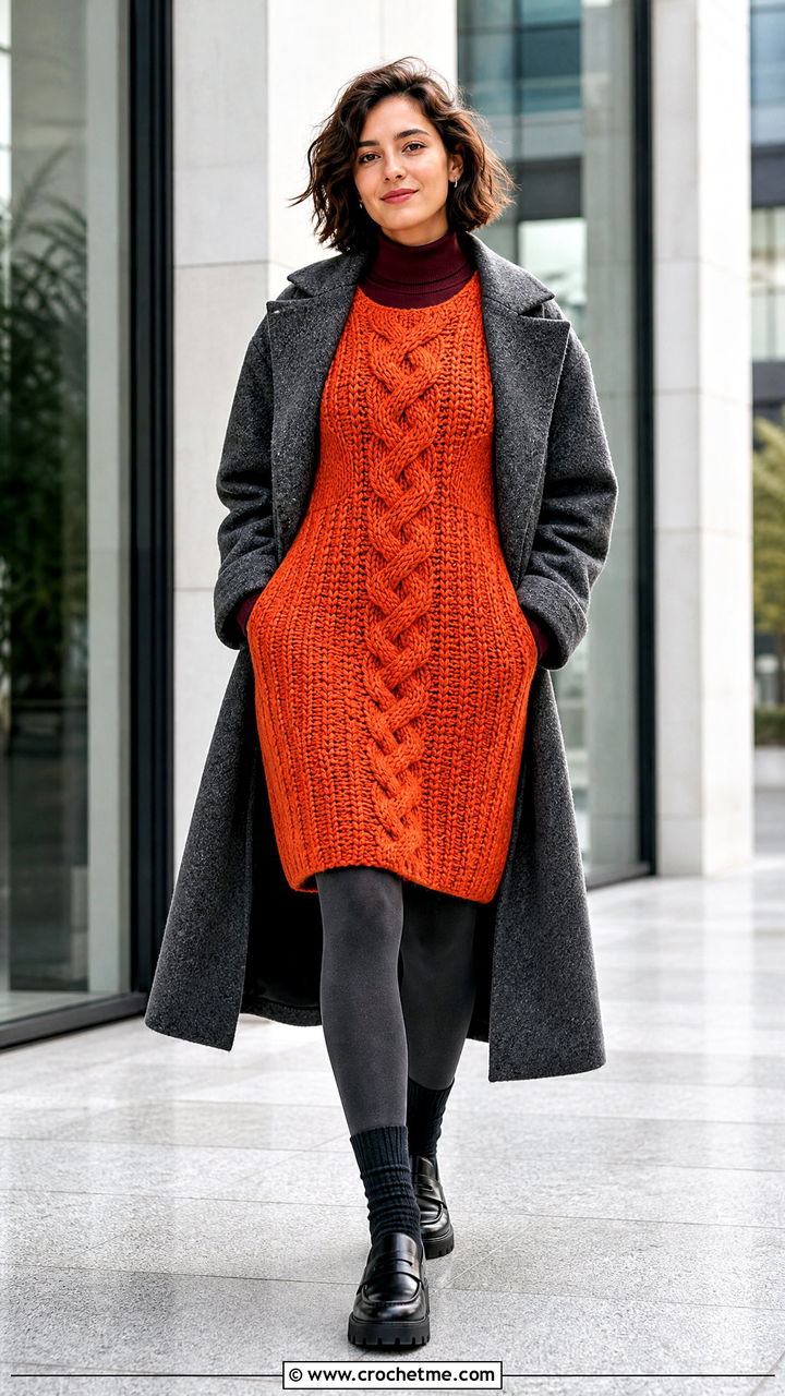 Cable Stitch Crochet Dress With Wool Coat And Lug Sole Loafers - 35 crochet dress outfits ideas