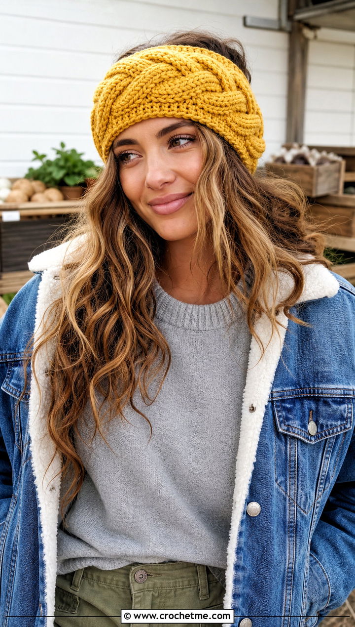 Cable Stitch Crochet Ear Warmer With Denim Jacket - 20 Crochet Headband Ear Warmers outfit ideas