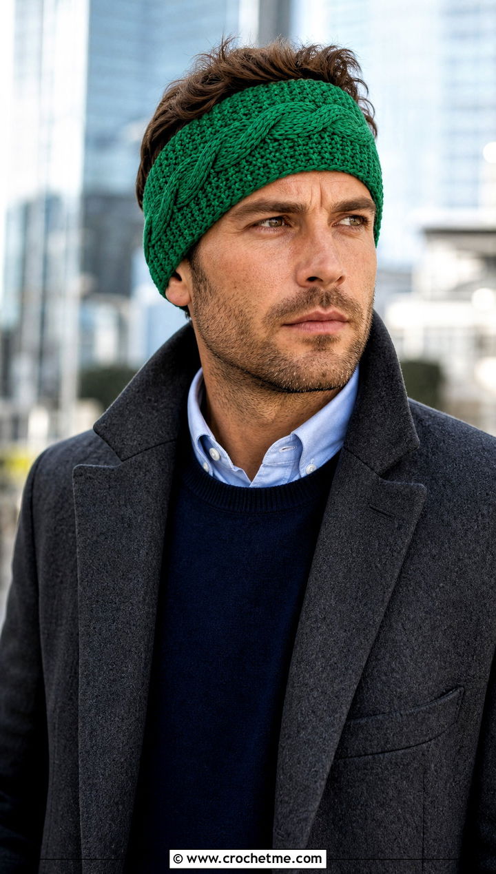Cable Stitch Crochet Ear Warmer With Wool Overcoat - 15 mens crochet ear warmer outfit ideas