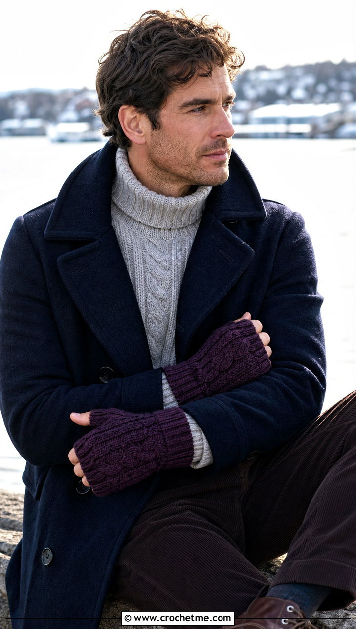 Cable Stitch Crochet Fingerless Gloves With Peacoat - 25 Crochet Mens Gloves outfit ideas