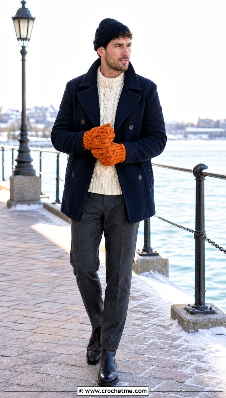 Cable Stitch Crochet Gloves With Peacoat - 35 men crochet gloves outfit ideas