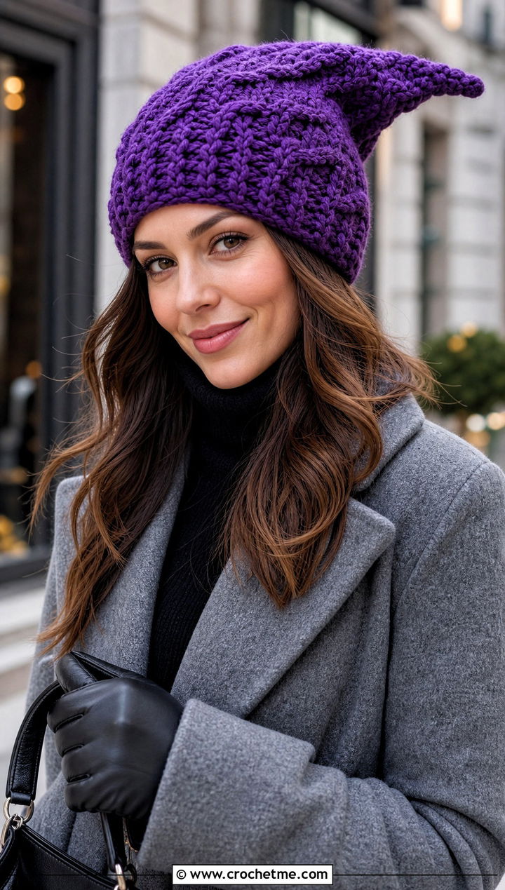 Cable Stitch Crochet Gnome Hat With Wool Coat - 15 Adult Crochet Gnome Hat outfit ideas