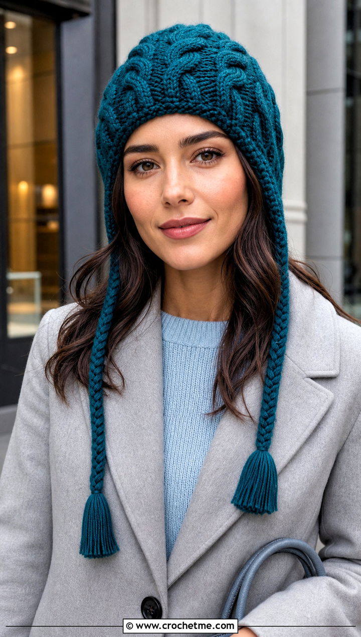 Cable Stitch Crochet Hat With Braids And Tailored Coat - 30 crochet hat with braids outfit ideas