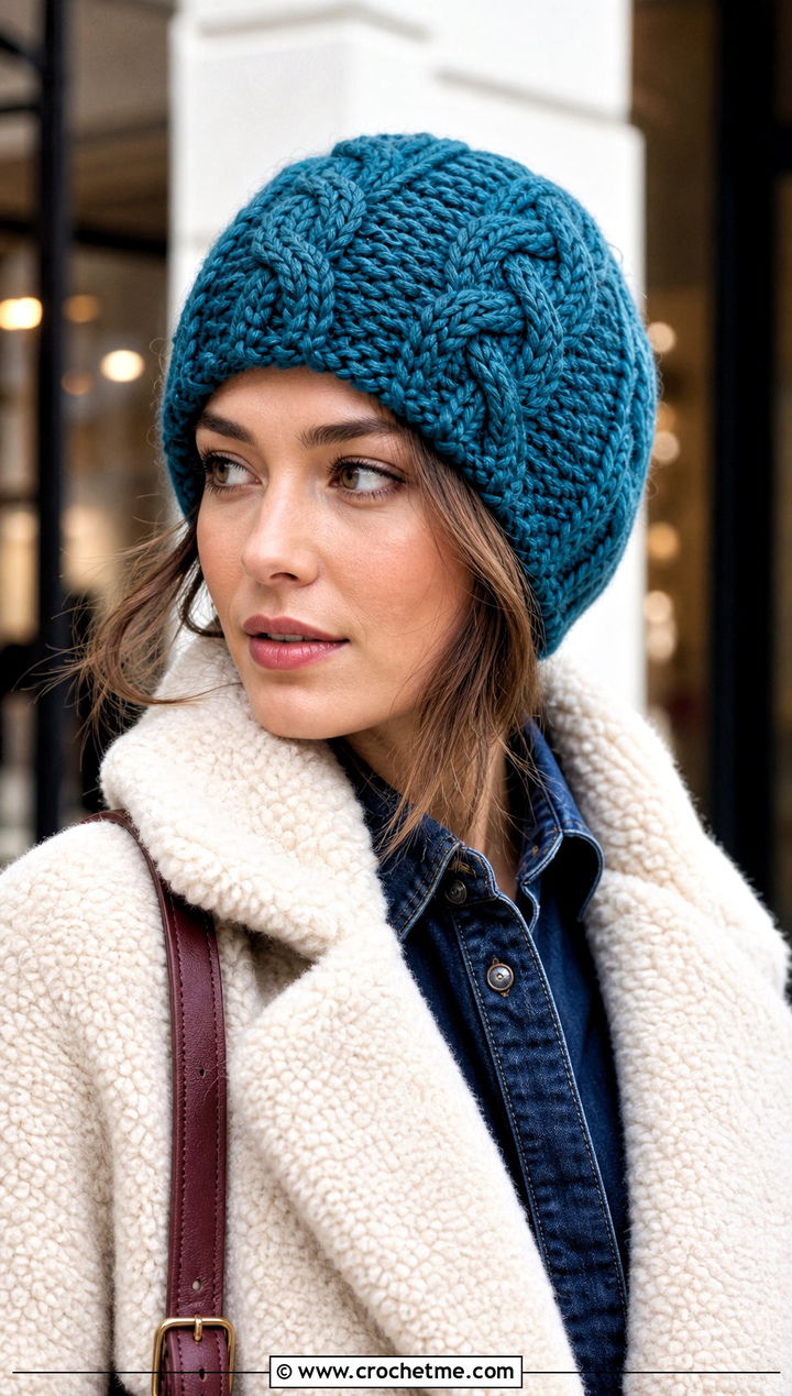 Cable Stitch Crochet Hat With Teddy Coat And Denim Skirt - 25 winter crochet hat for women outfit ideas