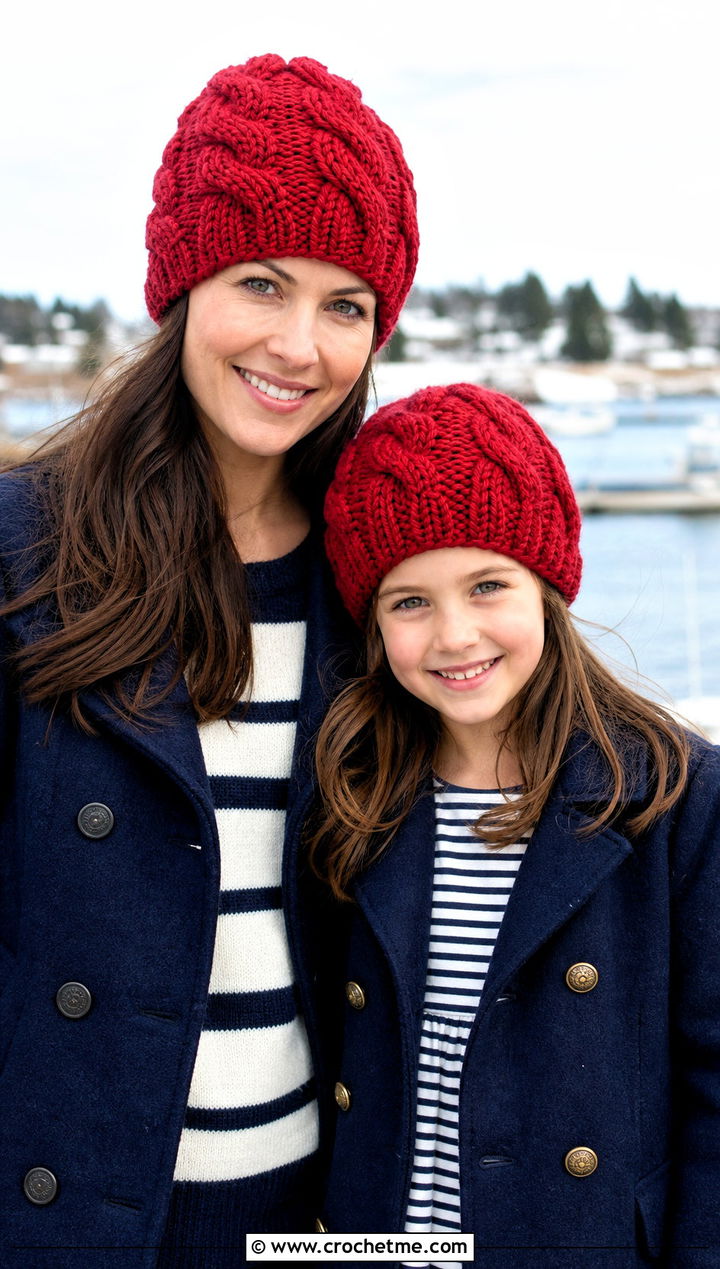 Cable Stitch Crochet Hats With Peacoats - 25 Mommy And Me Crochet Hats outfit ideas