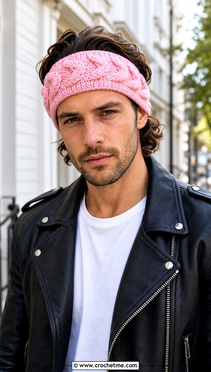 Cable Stitch Crochet Headband With Leather Jacket And Jeans - 15 Crochet Headband For Men outfit ideas