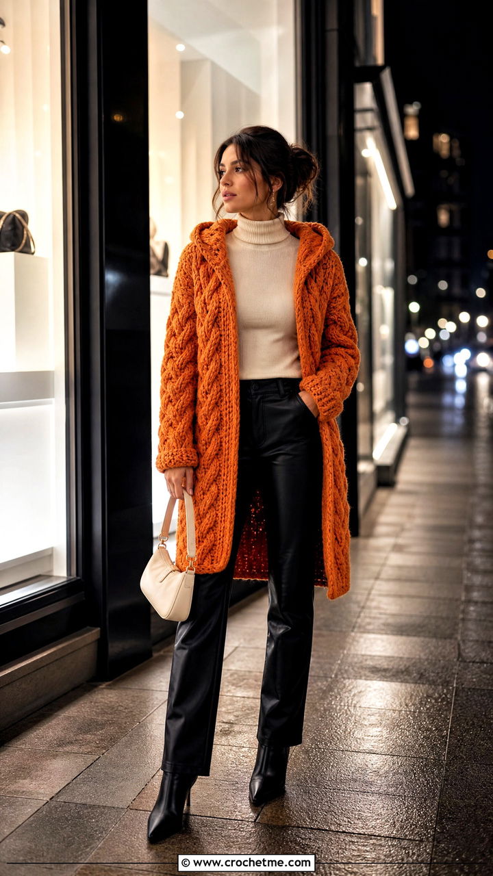 Cable Stitch Crochet Hooded Cardigan With Leather Pants - 35 crochet hooded cardigan outfit ideas