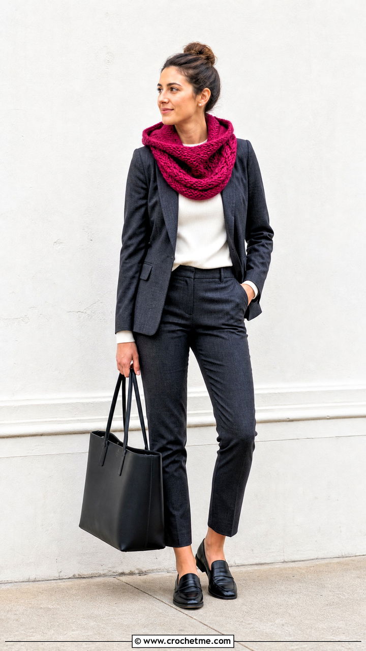 Cable Stitch Crochet Hooded Cowl With Blazer - 35 crochet hooded cowl outfit ideas