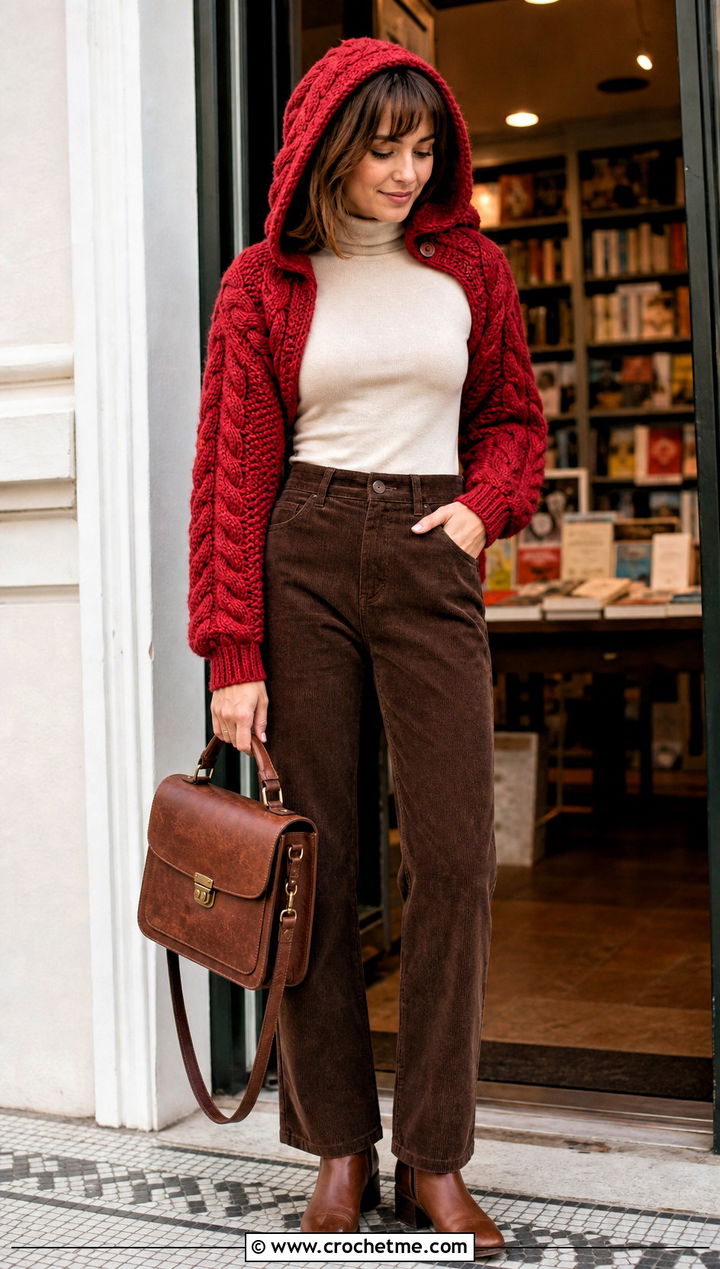 Cable Stitch Crochet Hooded Shrug With Corduroy Pants - 30 Crochet Hooded Shrug outfit ideas