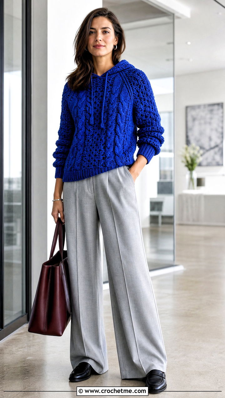 Cable Stitch Crochet Hooded Sweater With Tailored Trousers - 30 crochet hooded sweater outfit ideas
