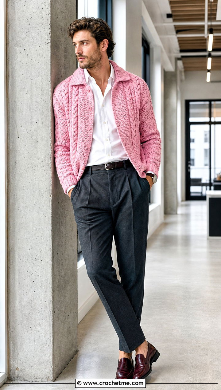 Cable Stitch Crochet Jacket With Pleated Trousers - 15 Crochet Mens Jacket outfit ideas