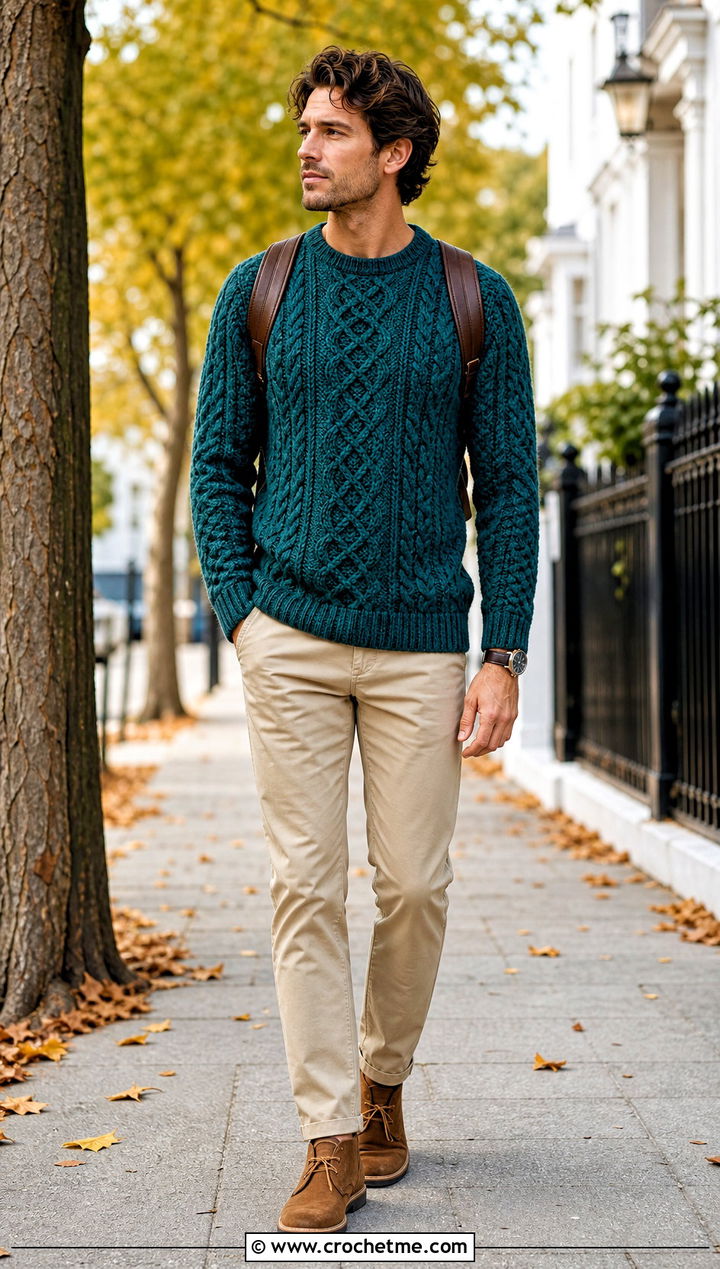 Cable Stitch Crochet Jumper With Straight Chinos - 25 mens crochet jumper outfit ideas