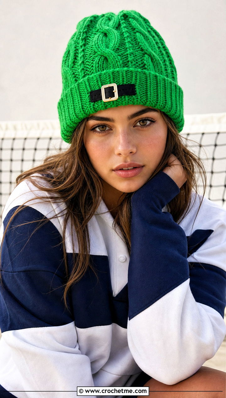 Cable Stitch Crochet Leprechaun Beanie With Rugby Shirt - 20 Crochet Leprechaun Hat outfit ideas