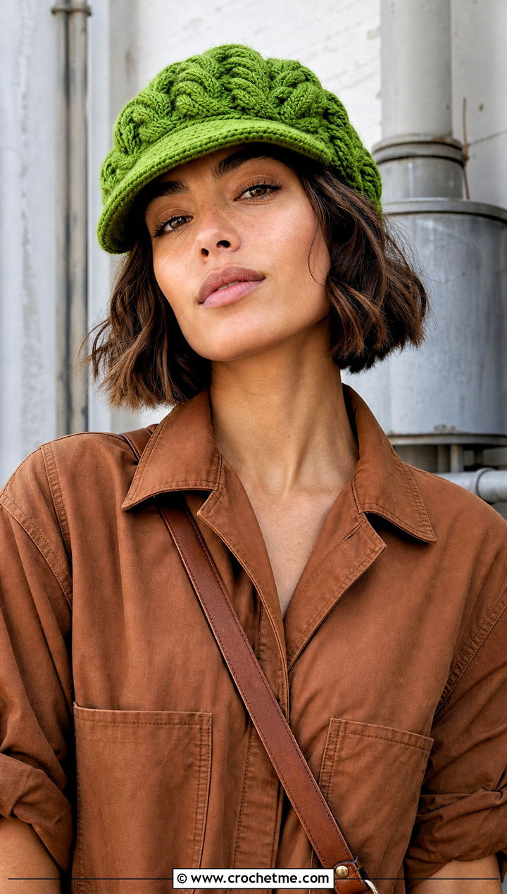 Cable Stitch Crochet Newsboy Hat With Utility Jumpsuit - 25 newsboy crochet hat outfit ideas