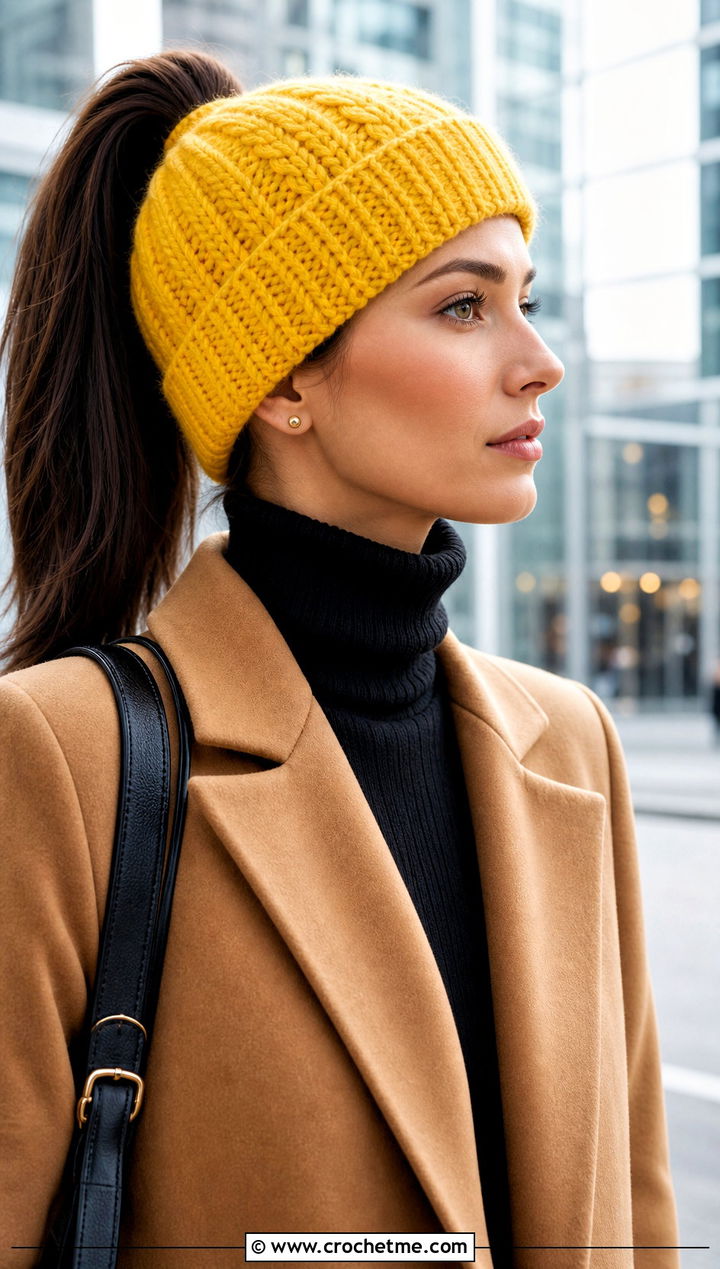 Cable Stitch Crochet Ponytail Beanie With Tailored Trousers - 15 Crochet Bun Hats outfit ideas