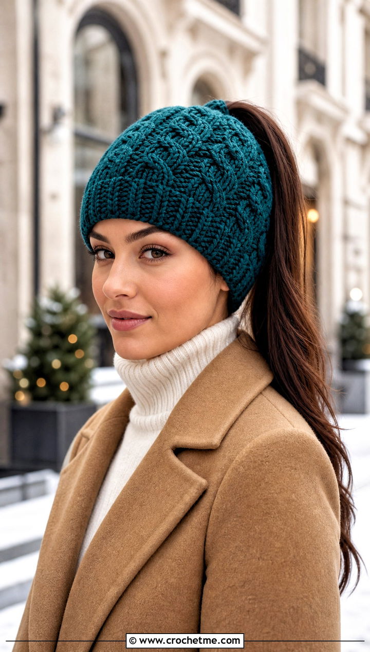 Cable Stitch Crochet Ponytail Beanie With Wool Coat - 20 Crochet Ponytail Beanie outfit ideas