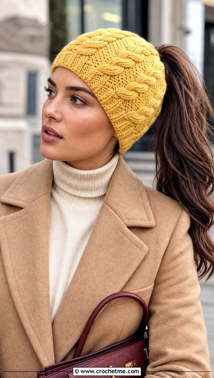 Cable Stitch Crochet Ponytail Beanie With Wool Coat And Trousers - 20 Crochet Beanie With Ponytail Hole Hat outfit ideas