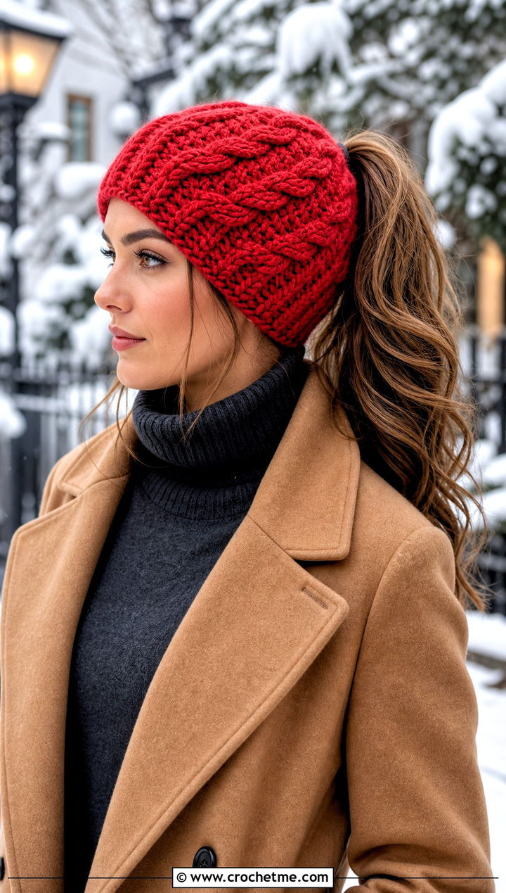 Cable Stitch Crochet Ponytail Beanie With Wool Coat - 30 crochet hat with ponytail hole outfit ideas