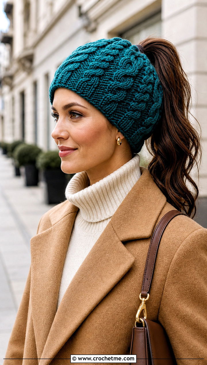 Cable Stitch Crochet Ponytail Hat With Wool Coat - 20 easy crochet ponytail hat outfit ideas