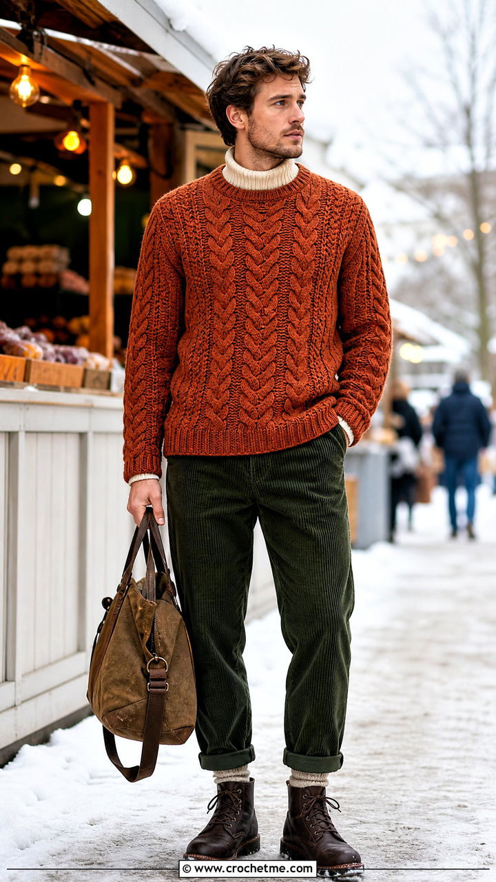 Cable Stitch Crochet Pullover With Corduroy Pants - 35 crochet outfits for men outfit ideas