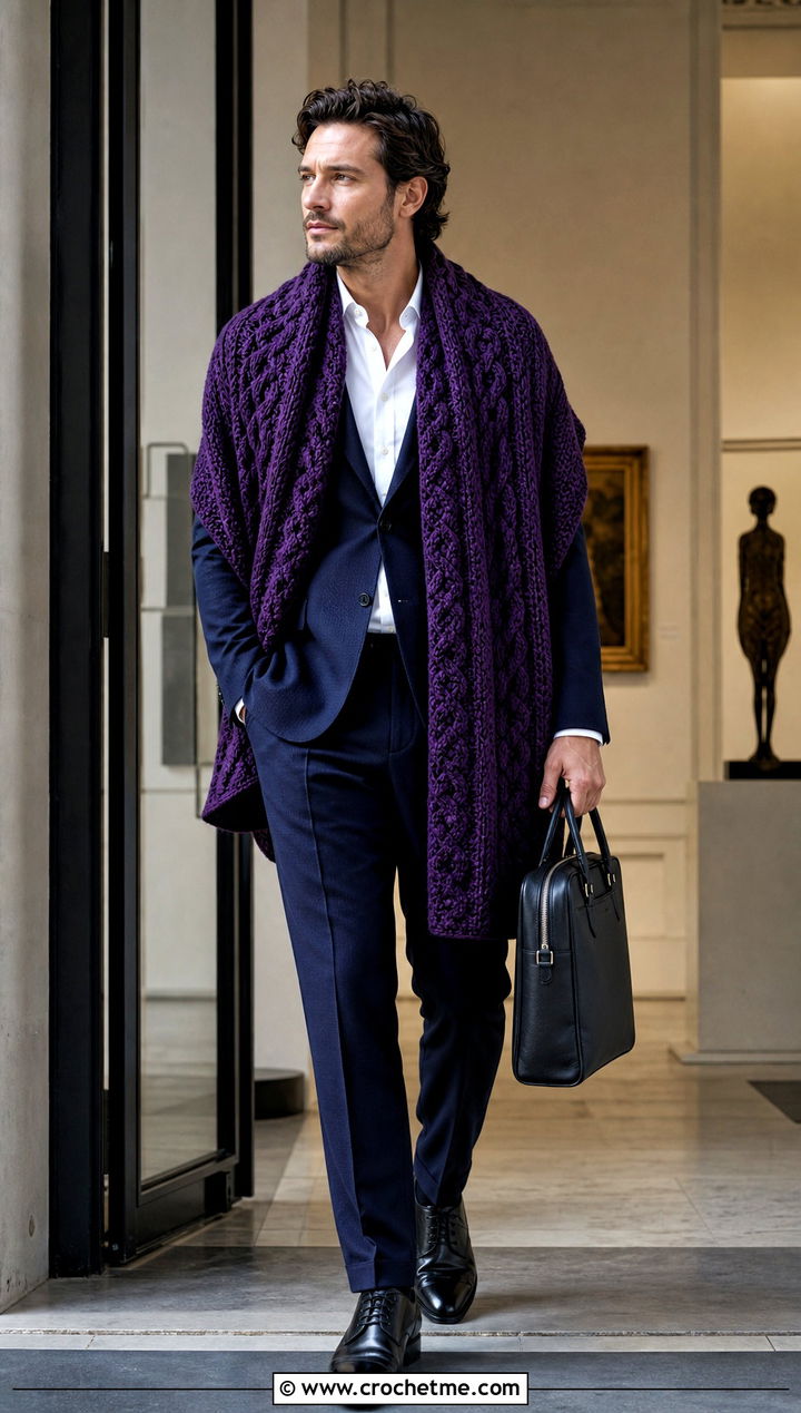 Cable Stitch Crochet Shawl With Wool Suit - 30 crochet shawl for men outfit ideas