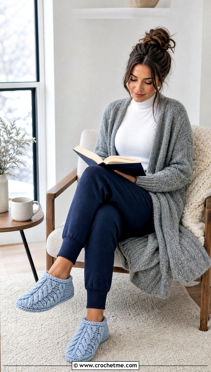 Cable Stitch Crochet Slippers With A Turtleneck And Joggers - 25 crochet winter slippers outfit ideas