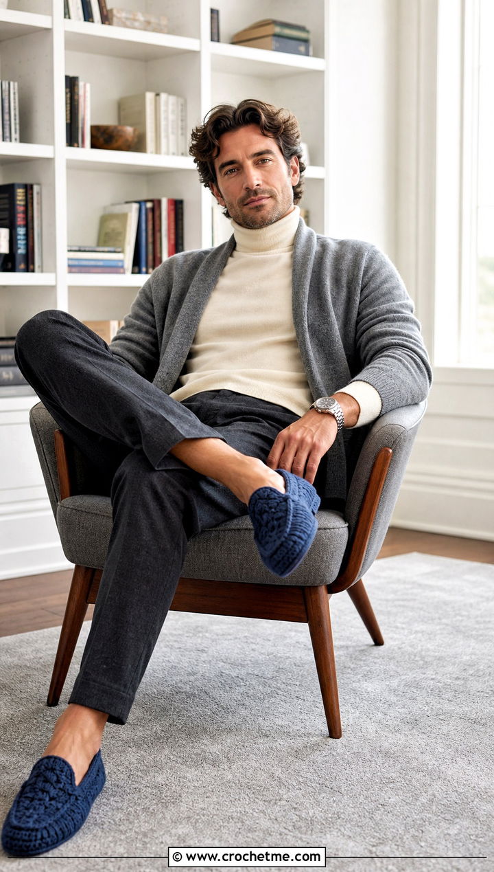 Cable Stitch Crochet Slippers With Knitwear - 25 crochet slippers for men outfit ideas