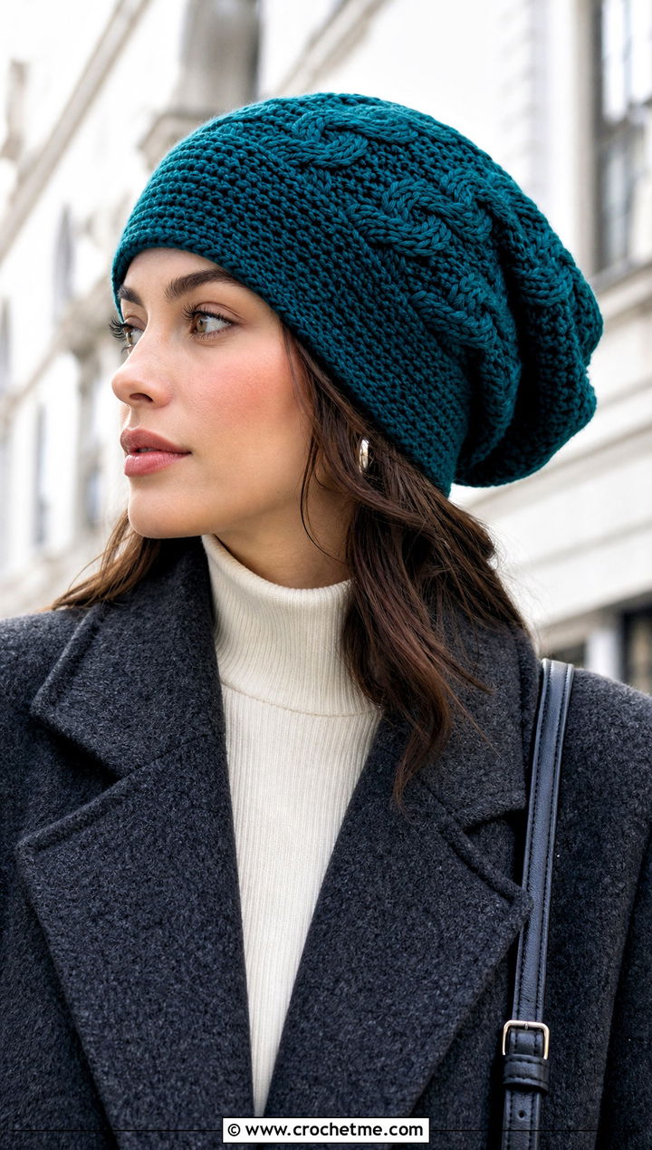 Cable Stitch Crochet Slouch Beanie With Wool Coat - 35 crochet slouch beanie outfit ideas