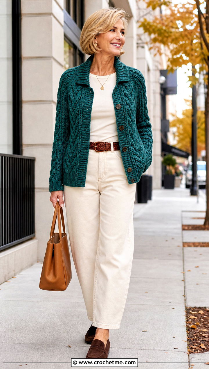 Cable Stitch Crochet Sweater Jacket With Ecru Jeans - 20 Crochet Sweater Jacket outfit ideas