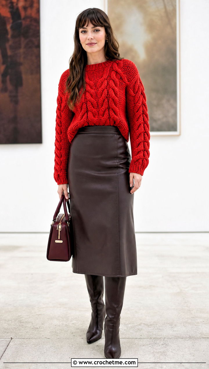 Cable Stitch Crochet Sweater With Leather Midi Skirt - 25 chunky yarn crochet sweater outfit ideas