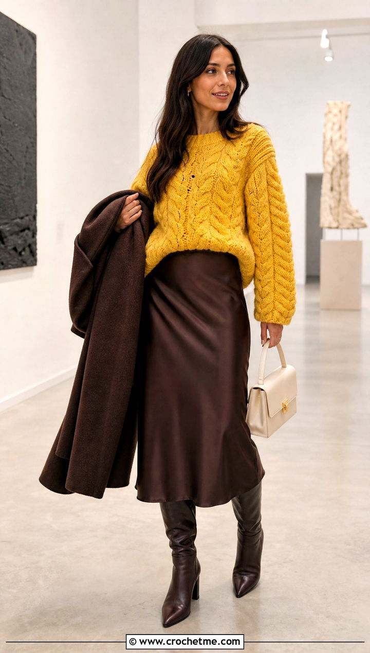 Cable Stitch Crochet Sweater With Satin Skirt - 30 winter crochet sweater outfit ideas
