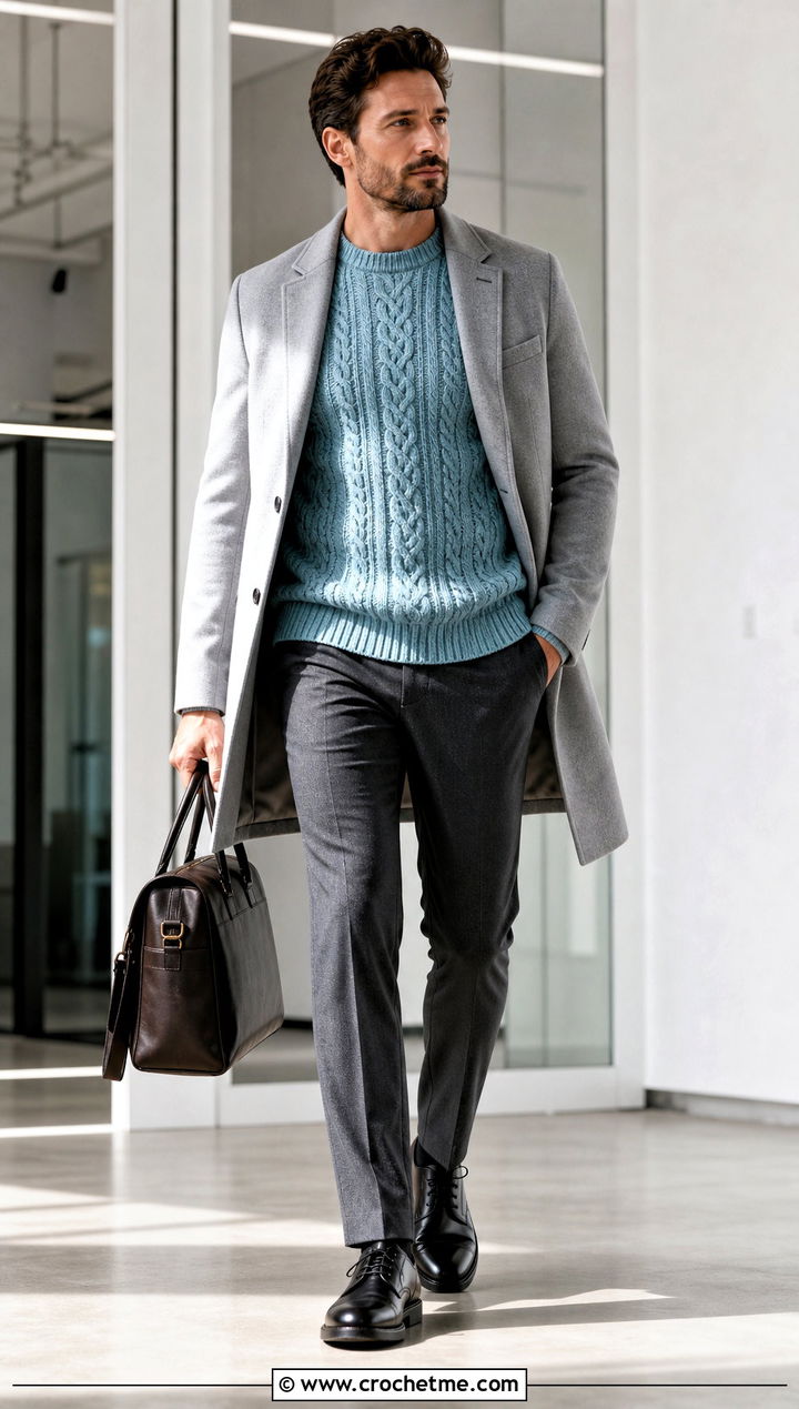 Cable Stitch Crochet Sweater With Suit Trousers - 25 man crochet sweater outfit ideas