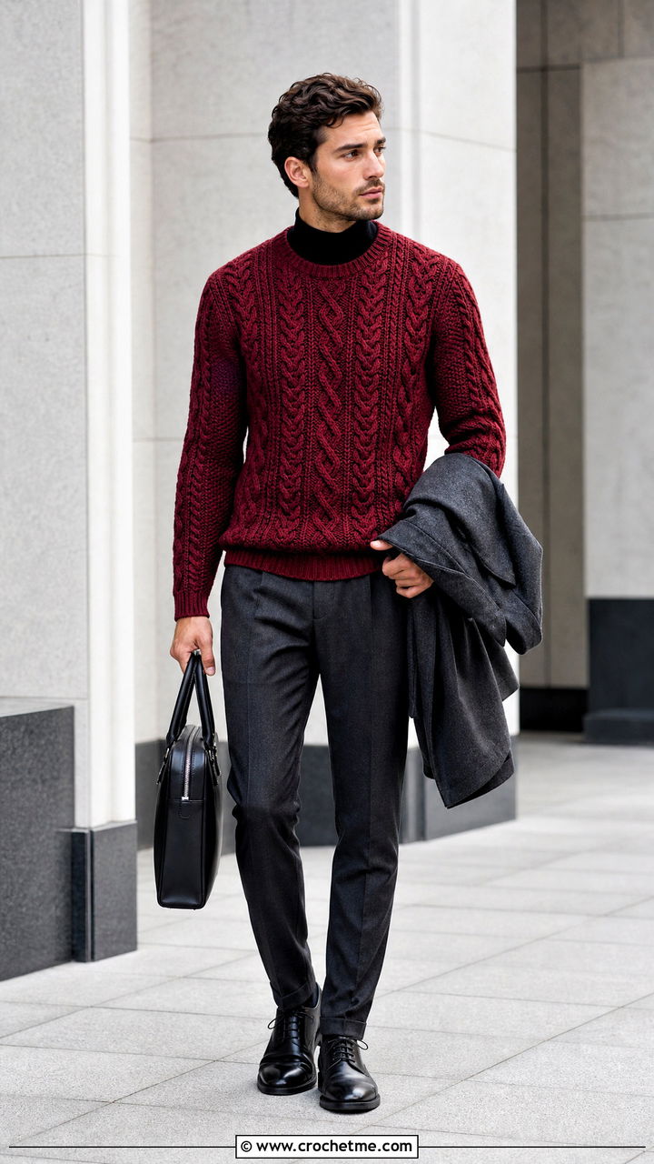 Cable Stitch Crochet Sweater With Wool Trousers - 35 men crochet sweater outfit ideas
