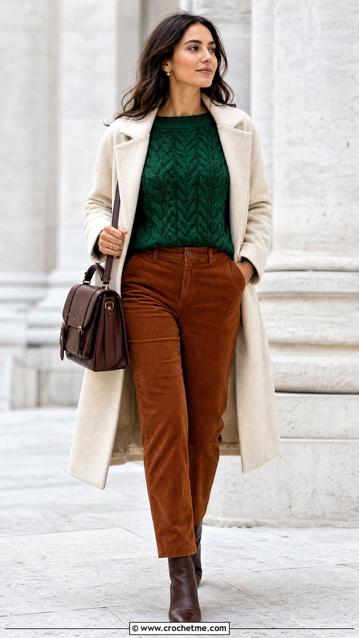 Cable Stitch Crochet Top With Corduroy Pants - 35 simple crochet top outfit ideas