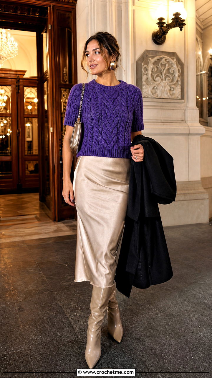 Cable Stitch Crochet Top With Satin Skirt - 35 crochet fall top outfit ideas