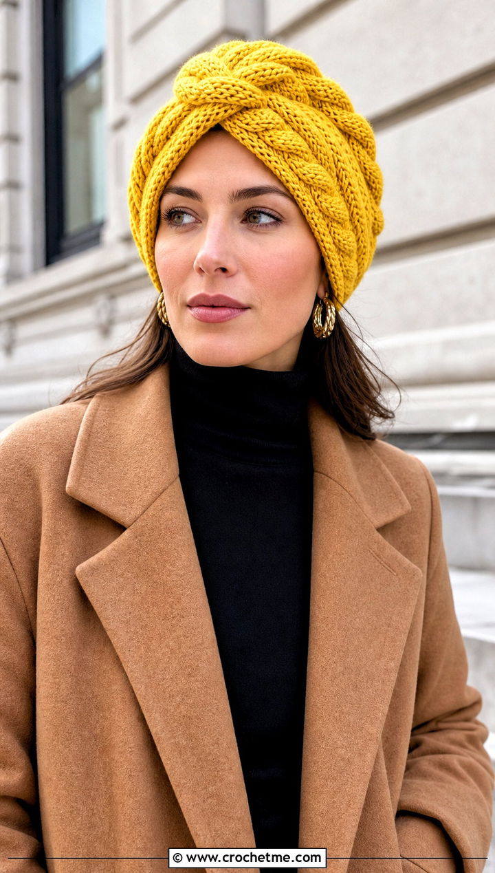 Cable Stitch Crochet Turban Hat With Wool Coat And Trousers - 35 crochet turban hat outfit ideas