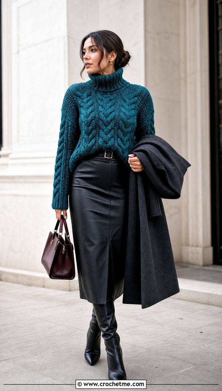Cable Stitch Crochet Turtleneck With Leather Midi Skirt - 30 bulky yarn crochet sweater outfit ideas