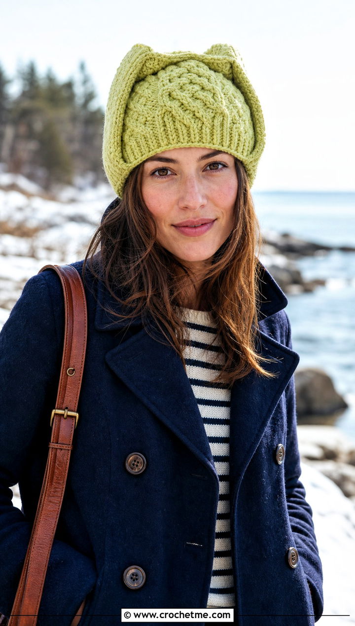 Cable Stitch Crochet Ushanka Hat With Peacoat - 30 crochet ushanka hat outfit ideas