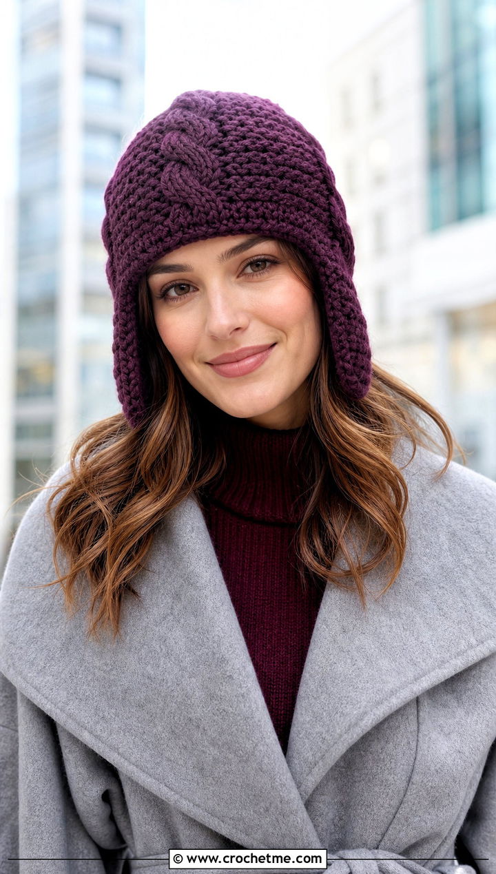 Cable Stitch Crochet Ushanka With Sweater Dress - 35 crochet russian hat outfit ideas