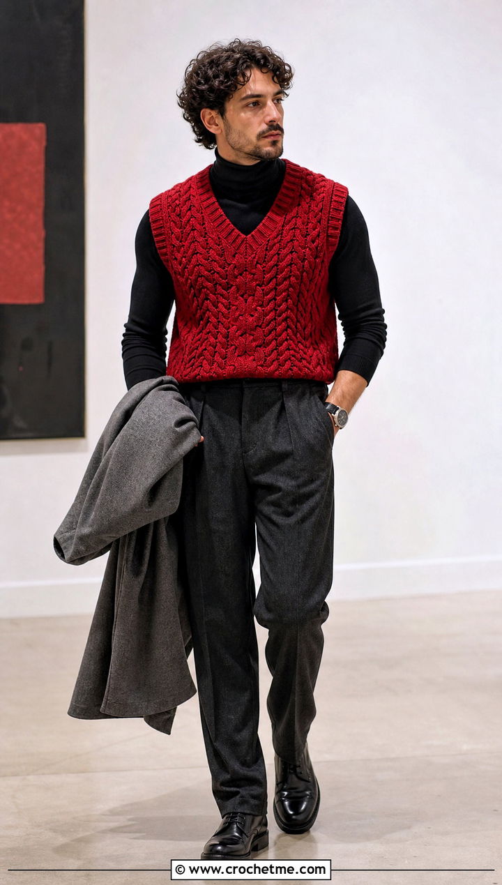 Cable Stitch Crochet Vest With Pleated Trousers - 30 men's crochet vest outfit ideas