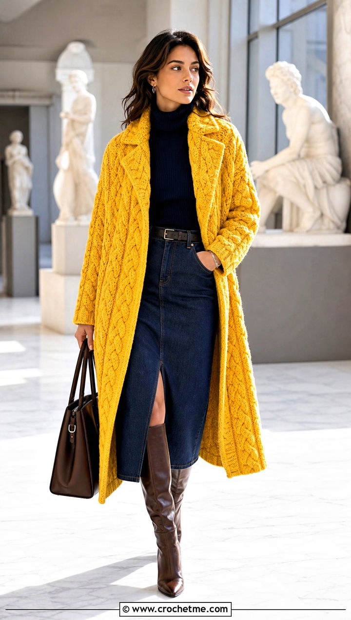 Cable Stitch Crochet Winter Coat With Denim Midi Skirt - 20 Crochet Winter Coat outfit ideas