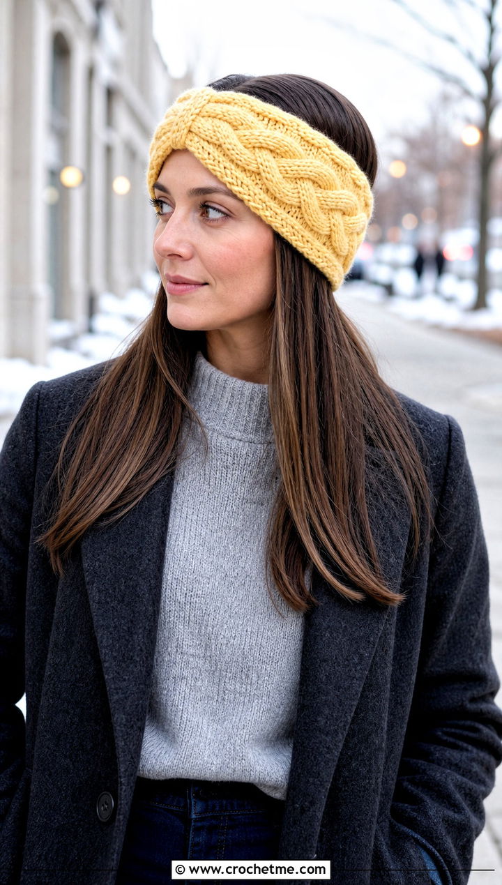 Cable Stitch Ear Warmer With Wool Coat - 25 Easy Crocheted Headbands Ear Warmers outfit ideas